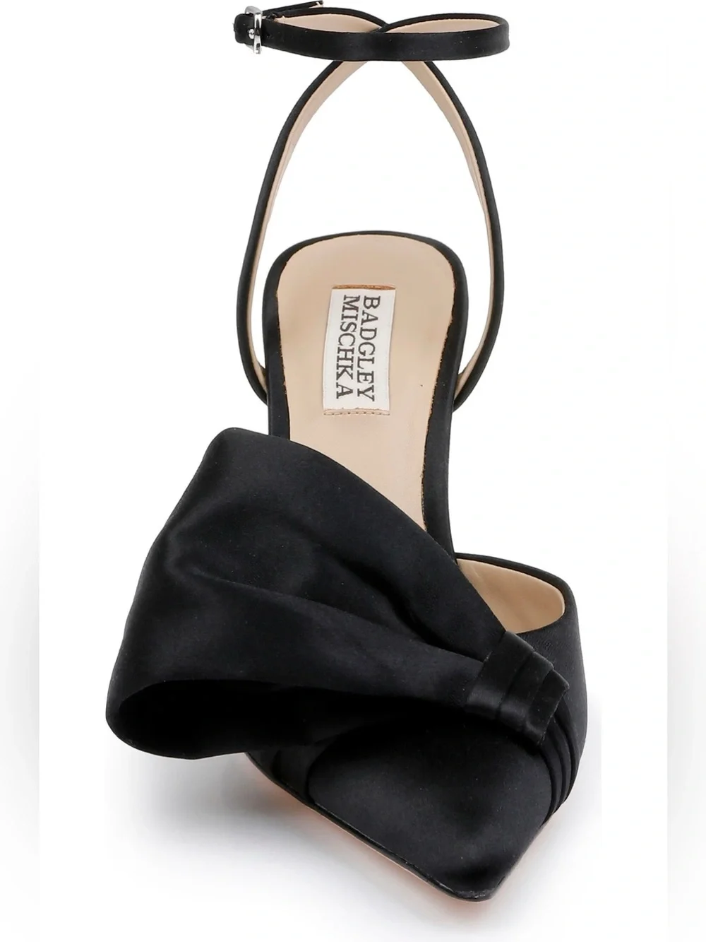 Badgley Mischka Black Satin Knot Pointed Ankle-Strap Block Heel